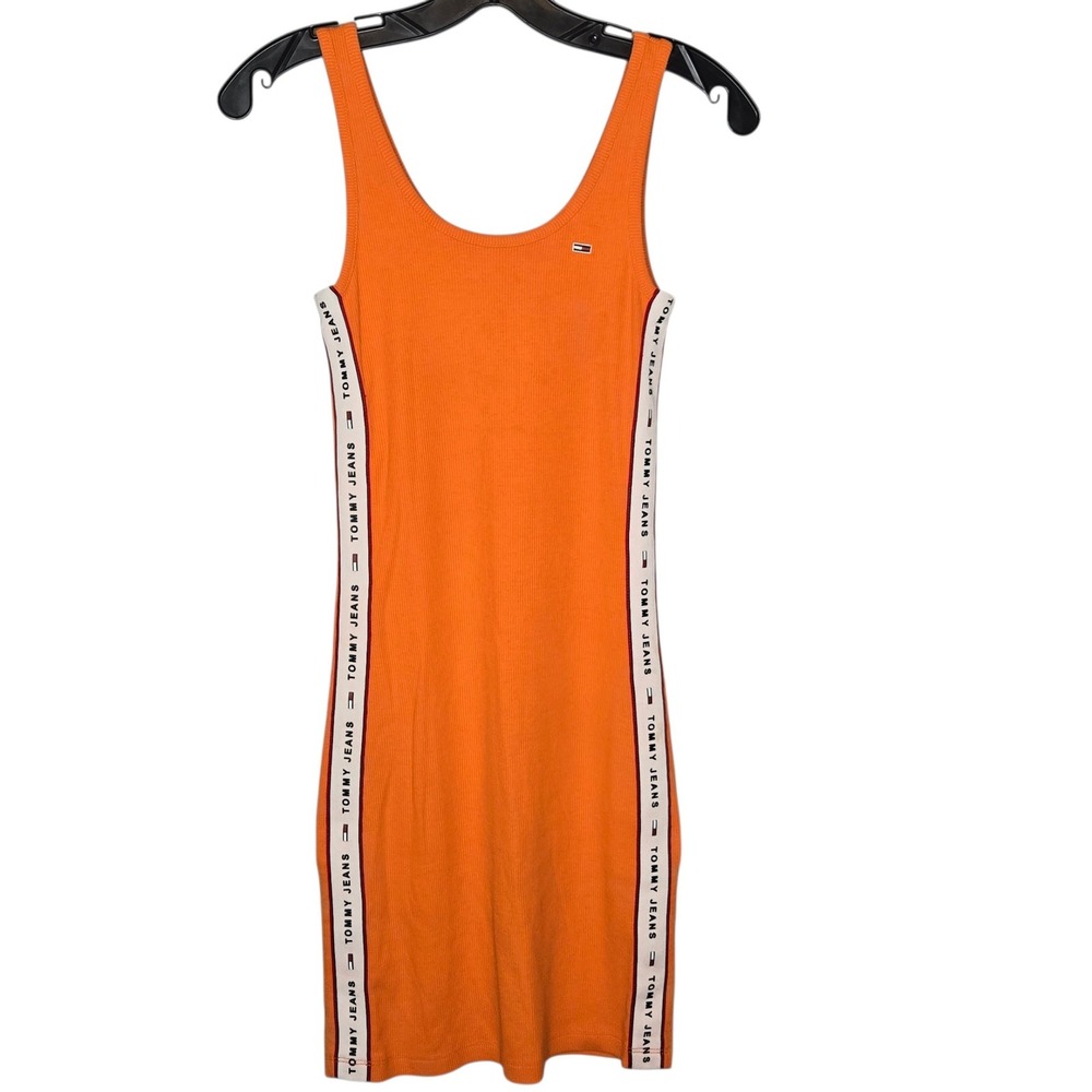 Tommy Jeans Orange Ribbed Logo Tape Side Stripe Bodycon Tank Dress Y2K XS